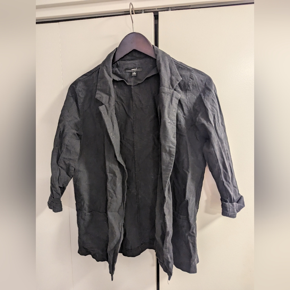 Black Linen Blend 3/4 Sleeve Blazer, S